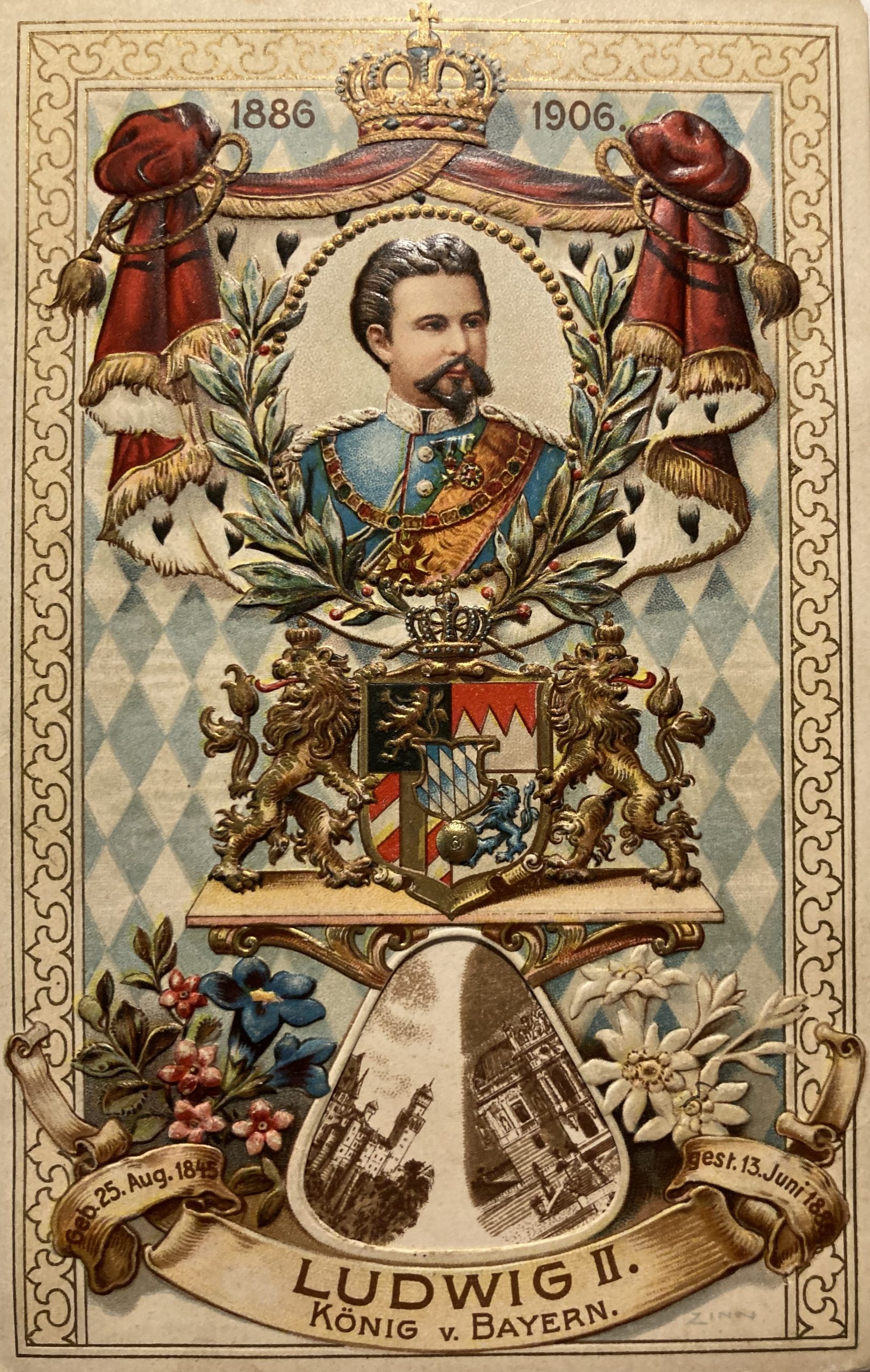 ak_1906_zum20todestagludwigsii_drehkartemitschloessernundvotivkapelle_sammlung_spangenberg ak_1906_zum20todestagludwigsii_drehkartemitschloessernundvotivkapelle_sammlung_spangenberg