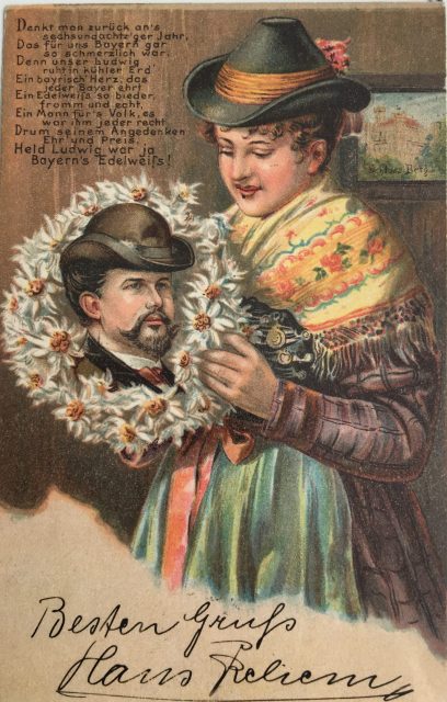 ak_ludwigii_berge_tracht_verehrung_baeuerin_ludwig_edelweiss_schloss_berg_um1895_sammlung_marcus_spangenberg ak_ludwigii_berge_tracht_verehrung_baeuerin_ludwig_edelweiss_schloss_berg_um1895_sammlung_marcus_spangenberg